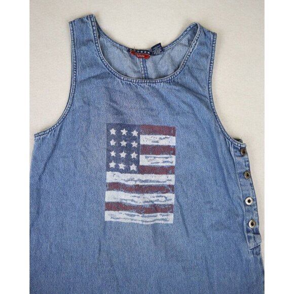 VINTAGE 90s WOMEN'S DENIM MIDI AMERICAN FLAG PRINT JUMPER DRESS - SIZE PM - Picture 3 of 6